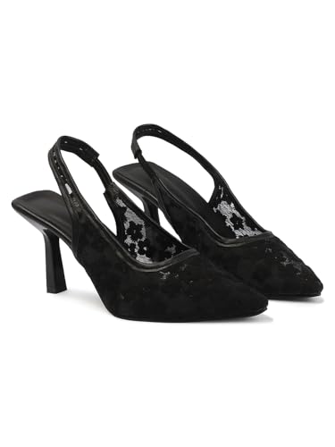 Image of TRYME Women's Floral Embroidered Mesh Mules Style Pointed Toe Slingback Stilettos Heel Sandals