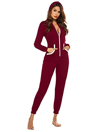 Ekouaer Damen Jumpsuit Onesie Overall Einteiler Pyjamas One Piece Schlafanzug mit Kapuze & Reißverschluss Weinrot M