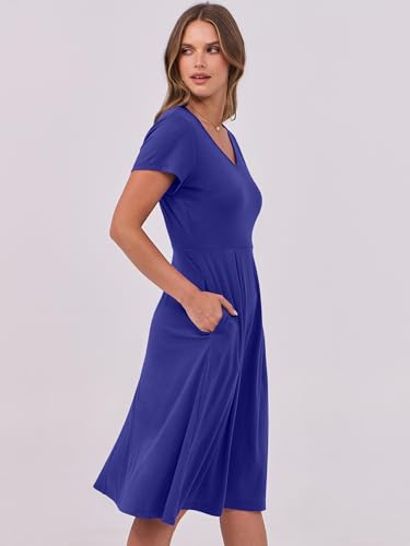 Image of ANRABESS Women Summer Dress Casual Short Sleeve V Neck A-Line Knee Length Pleated Flowy 2026 Fashion Midi Dresses with Pocket