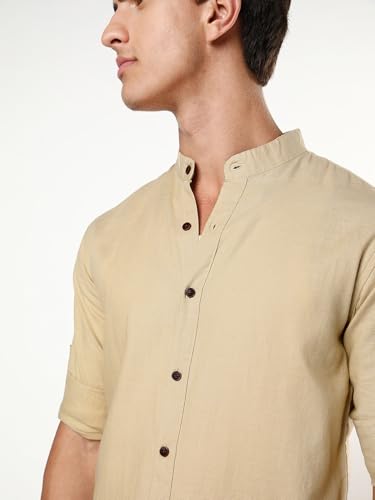 Image of Urbano Fashion Men's Linen Blend Full Sleeve Relaxed Fit Mandarin Collar Casual Solid Shirt