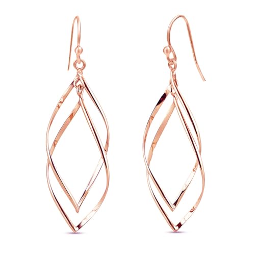 Charmsy 18K Rose Gold Plated 925 Sterling Silver Twisted Dangle Earrings for Women | Lightweight Classic Linear Marquise Loops Earring | Earrings Length 55mm