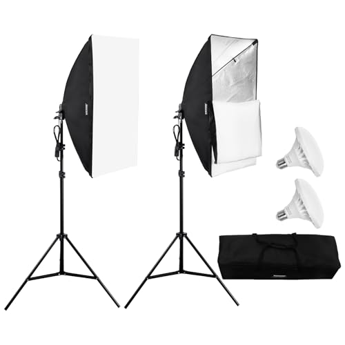 VEVOR Kit Éclairage Softbox Professionnel, Lot de 2, 50x70 cm, Ampoule LED 30 W, 5500 K Proche Lumière Jour, Support Trépied Réglable, pour Studio, Photographie, Enregistrement Vidéo, Diffusion Direct