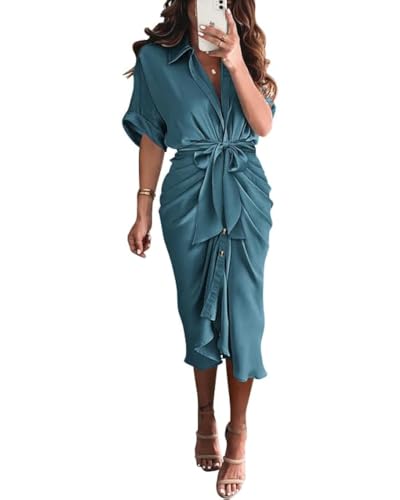 BTFBM Women Button Down Ruched Shirt Dresses Satin Short Sleeve Lapel V Neck Summer Maxi Dress 2025 Party Wedding Guest(Blue Green, X-Large)