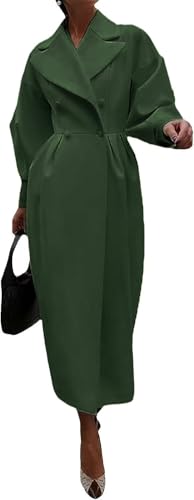 XSTH 2025 Women Wool Coat Double Breasted Lapel Pea Coats Ankle Length Solid Color Overcoat Lantern Sleeve Long Trench Coat