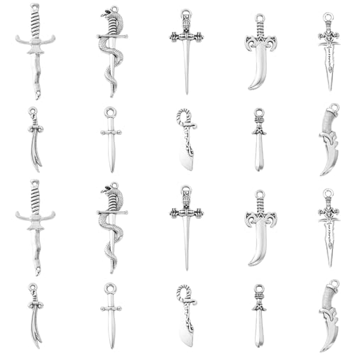 LiQunSweet 100 Pcs 10 Styles Antique Silver Sword Knife Alloy Connector Charms Links Sword with Snake Charms for DIY Jewelry Making Accessory Keychain