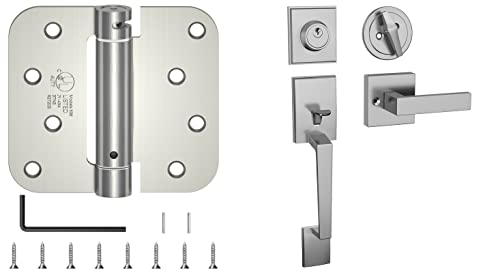 Hosom Self Closing Door Hinge, Spring Hinge, 4 Inch, Brushed Nickel, 4 Pack With Front Door Handle And Deadbolt Set #TOP20