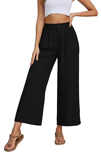Linnet Pants for Women Elastic Waist Wide Leg Cropped Pants Trousers Loose Fit with Pockets A-Black