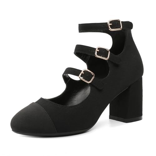 Joseywade Mary Jane Pumps for Women Block Heel Cap Toe Heels Chunky Two-Tone 2.5 Inch Pumps Shoes with Buckle Strap2