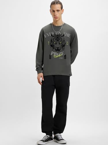 Image of Bewakoof Men's 100% Cotton Graphic Print Oversized Fit Full Sleeve Round Neck T-Shirt | Casual Wear | Street Wear | Oversized t Shirt for Men Cotton | Baggy