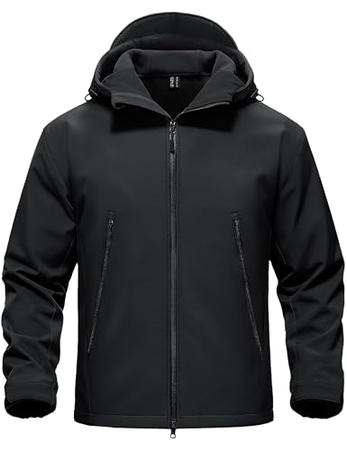 TACVASEN Men's Hooded Softshell Jacket Waterproof Fleece Lined Rain Jacket Lightweight Windbreaker Winter Coat Outdoor Hiking