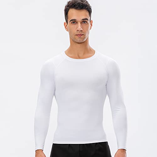 Eargfm Men's Athletic Long Sleeve Compression Shirts Active Running Workout Base Layer Elastic Sports Tops Cool Dry T-Shirts White #TOP4