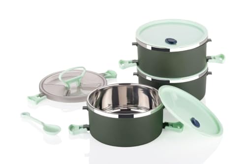 Image of 3 Tier Stainless Steel Insulated Lunch Box for Office Use | Leak-Proof Tiffin Box with Airtight Food Containers | Lunch Box for Men Women Kids with Handle & Side Locks (Multicolor)(1-pcs)