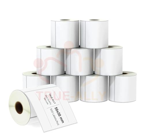 Image of True-Ally 10Pcs 50x50 Direct Thermal (DT) Square Barcode Label Sticker - 2 x 2 inch -50mm x 50mm - 500 Labels /Roll - White Self Adhesive for Printing Barcoding Labels (Pack of 10)