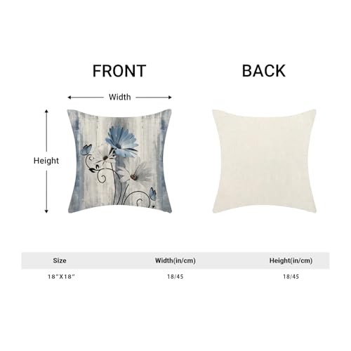 Sorktse Blue Pillow Covers 18x18 Inch Set of 2 Vintage Blue White Daisy Floral Throw Pillows Spring Summer Flower Butterfly Pillowcases Linen Outdoor Decor Cushion Covers for Sofa Couch — view 5