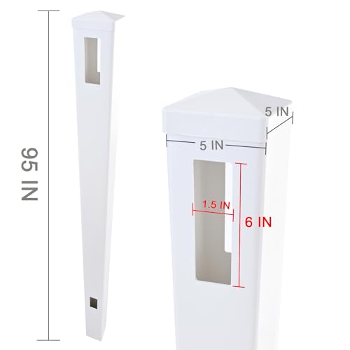 Vinyl Garden Line Fence Post, for 6ft (72\" W x 72\" H) Height,Caps included Vinyl White (5\" W x 95\" H), Set of 2