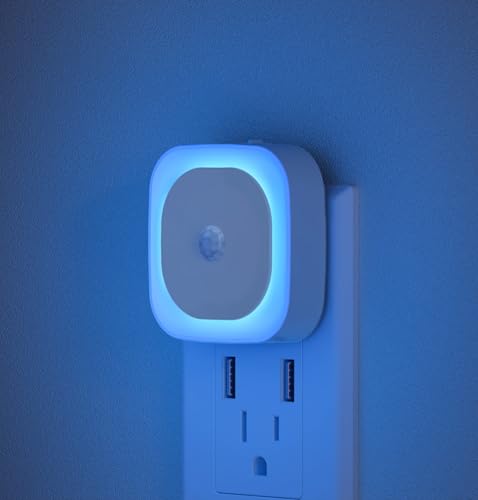 YUNLEX 2 Pack Plug in Night Light with Motion Sensor & Dusk to Dawn Sensor, 3 Sensor Modes, Auto ON/Off, Dimmable, Night Lights Plug into Wall for Bathroom, Kitchen, as Mother Gifts, Light Blue