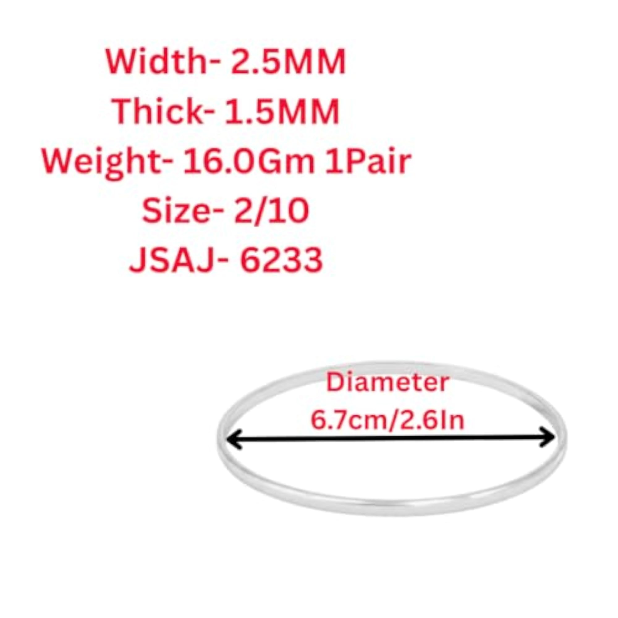 Women's 925 Sterling Silver Half Round Bangle, 2.5mm Width
