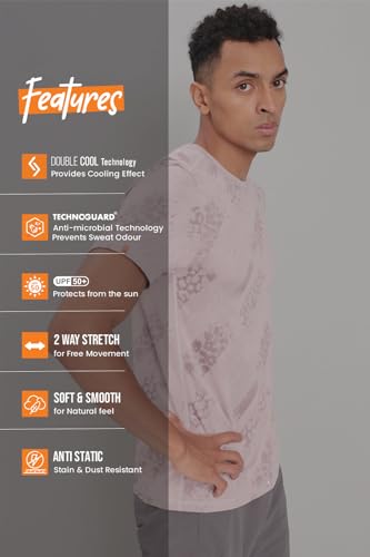 Image of TECHNOSPORT Men Polyester Regular Fit Half Sleeve Jacquard T-Shirt with Double Cool, Quick Dry & Anti Microbial for Sports, Running & Casual Use