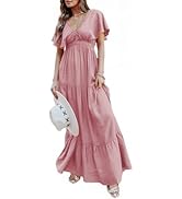 Amegoya Women's Casual Short Sleeve V Neck Floral Maxi Dresses Boho Beach Photoshoot Flowy Ruffle...