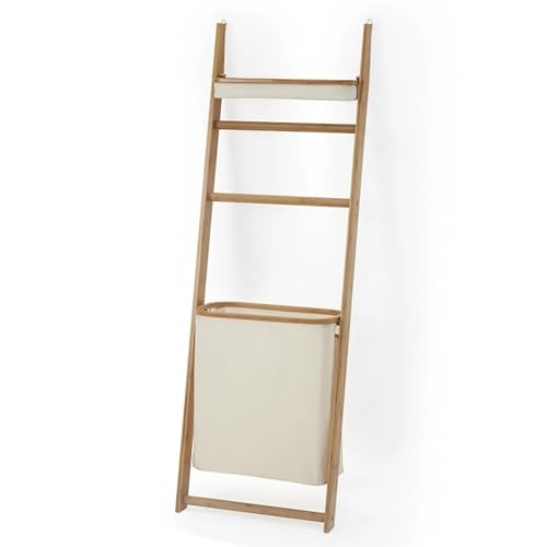 Wooden Storage Basket with Removable Dirty Laundry Basket, Towel Rack with Hamper, Wall Leaning Decorative Ladder Shelf
