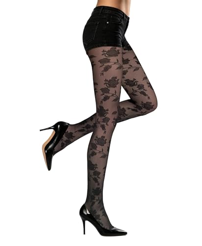 Leegmvse Sexy Womens Sheer Tights Black Flower Lace Stockings Elegant Floral Patterned Tights High Waisted Control Top Pantyhose Soft Silk Nylon Thin Hosiery Stockings for Daily Wear Party, Black Rose