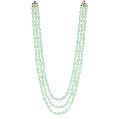 Image of I Jewels 3 Layered Traditional Gold Plated Dulha Green Moti Mala with Beaded Maharaja Haar /Groom Necklace For Men(MLP46)