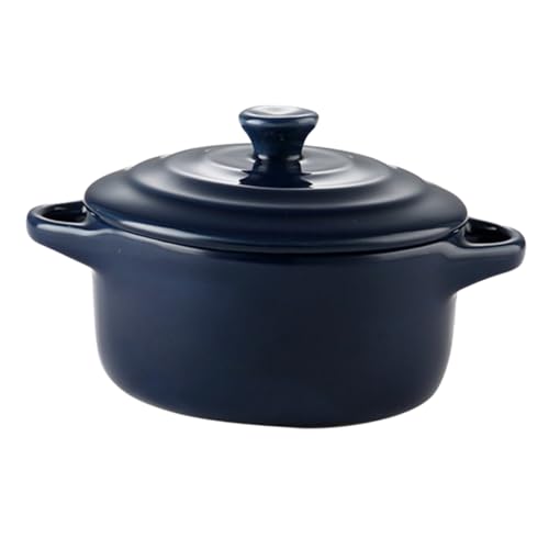 KICHOUSE 230ml Double Handle Ceramic Microwave Bowl with Lid Dark Blue for Home Kitchen Stews and Soups