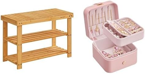 SONGMICS Shoe Rack Bench, 3-Tier Bamboo Shoe Storage Organizer, Jewelry Box, Travel Jewelry Case, ULBS04N and UJBC185R02