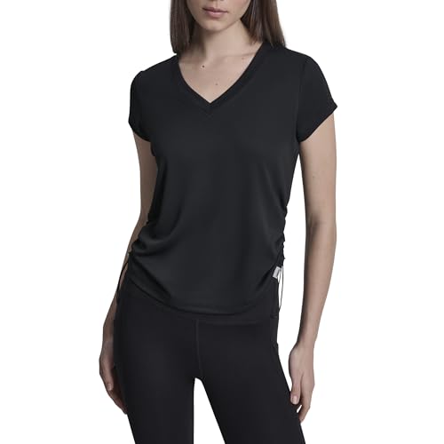 Image of DKNY Women's Short Sleeve V-Neck Tech Ruched Side Seam Active T-Shirt