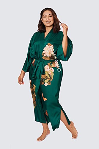 Kim+Ono Women's Plus Size Charmeuse Kimono Robe Long - Watercolor Floral - Peony & Butterfly - Emerald (Green), Charmeuse Kimono Robes For Women With Floral Designs, 54 Inches In Length, Plus Size. #TOP1