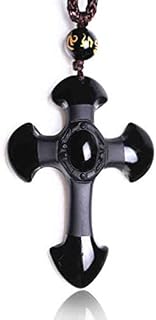 Obsidian Cross Pendant Necklace Gemstone Reiki Yoga Balance Black Gemstone Necklace Nylon String for Men Woman