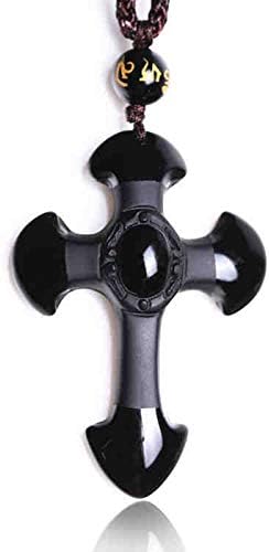 ThajalingObsidian Cross Pendant Necklace Gemstone Reiki Yoga Balance Black Gemstone Necklace Nylon String for Men Woman
