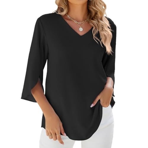 YUTILA Bluse Damen Elegant Tunika Chiffon Damenblusen Oberteil Einfarbig Frühling 3/4 Arm Oberteile Blusenshirt