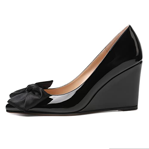 WAYDERNS Womens Slip On Casual Pointed Toe Solid Bow Dating Patent Wedge High Heel Pumps Shoes 3.3 Inch2