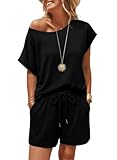 SHEWIN Short Sets for Women Fashion Crewneck Short Sleeve Tops and Women's Shorts sweatsuits Casual Loose Comfy Womens Lounge Sets Summer Vacation Outfits Black XL