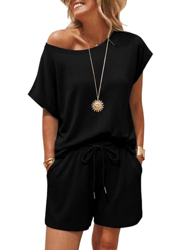 SHEWIN Short Sets for Women Fashion Crewneck Short Sleeve Tops and Women's Shorts sweatsuits Casual Loose Comfy Womens Lounge Sets Summer Vacation Outfits Black XL