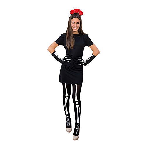 Oblique Unique® Kostüm Accessoire Set für La Catrina Tag der Toten Kostüm mit Rosen Haarreifen + Skelett Strumpfhose + Skelett Handschuhe für Halloween Fasching Karneval Motto Themen Party
