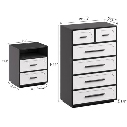 Image of 3 Pieces Bedroom Set, Queen Size Bed Frame with Storage Headboard, 44 inch Tall 6 Drawer Dresser, Nightstand with Charging Station, Black