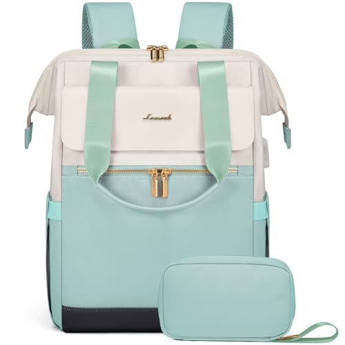 Image of LOVEVOOK Laptop Backpack for Women, 15.6 Inch Work Laptop Bag with USB Port, Fashion Teacher Nurse Backpack Purse, Waterproof Travel Computer Backpack with Organizer Bag, 2PCS, Beige-Mint Green