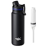 Membrane Solutions C3 Filtered Water Bottle, 32oz Stainless Steel Water Bottle with Replaceable ACF Filter Cartridge, Portable Water Filter, Travel, Hiking and Camping for Drinking Water(Black)