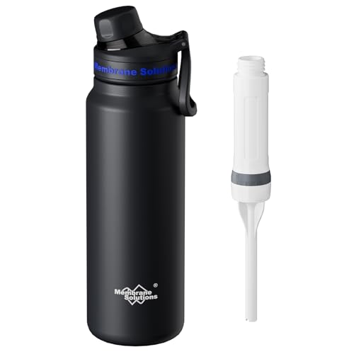 Membrane Solutions C3 Filtered Water Bottle, 32oz Stainless Steel Water Bottle with Replaceable ACF Filter Cartridge, Portable Water Filter, Travel, Hiking and Camping for Drinking Water(Black)