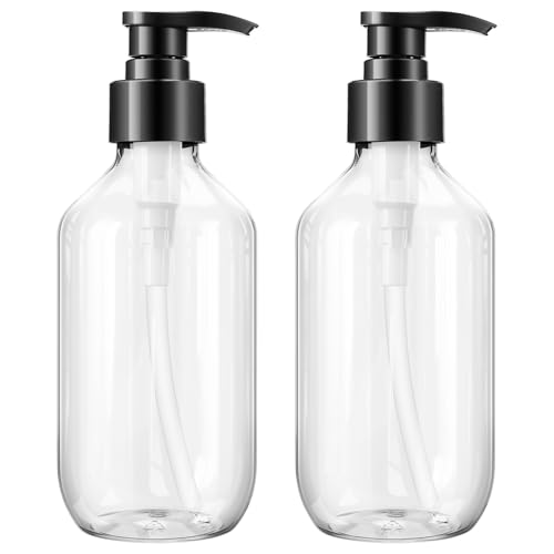 Teyssor Pump Bottle Dispenser Clear 2 Pack 300ml/10oz Empty Plastic Liquid Soap Dispensers, BPA-Free Refillable Container for Essential Oil Shampoo Lotion