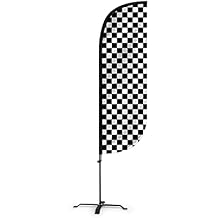 LookOurWay Feather Flag Set - 5ft Tall Advertising Banner Flag with Pole Kit and X-Stand for Business Promotion - Checkered Black and White