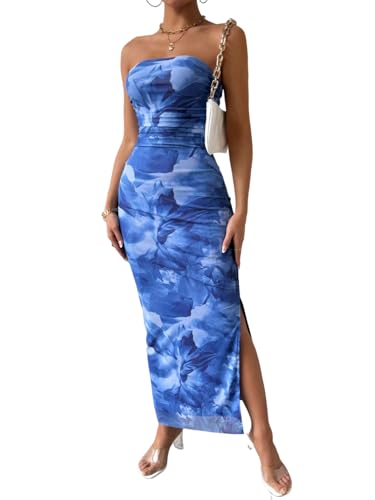 Image of GORGLITTER Women's Floral Strapless Bodycon Wedding Guest Dress Vacation Summer Birthday Tropical Maxi Long Sun Dresses