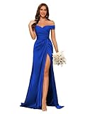 Dessiny Women's Royal Blue Off Shoulder Bridesmaid Dresses with Slit 2025 Mermaid Satin Ruched Bodycon Bridesmaid Dress Long US8