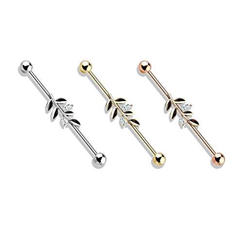 Amelia Fashion 14 Gauge Cz Set Leaf Industrial Barbell 316L Surgical Stainelss Steel (Choose Color) (Gold/Clear) #TOP1