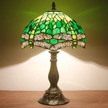 Image of WERFACTORY Tiffany Lamp Green Stained Glass Bedside Table Lamp 18 Inch Tall