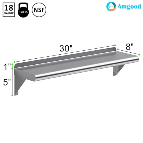 Image of AmGood 8 in. x 30 in. Stainless Steel Wall Shelf | NSF | Metal Shelving | Garage, Laundry, Storage, Utility Room | Restaurant, Commercial Kitchen