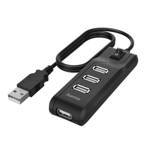 Hama | Hub USB 2.0 de 4 Puertos (Transferencia de Datos hasta 480 Mbit/s, Plug & Play para PC y Portátil, Cable Integrado, Diseño Compacto, Expansor de Puertos USB-A para Teclado y Ratón) Negro.