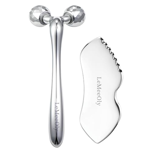 LeMeeOly Stainless Steel Gua Sha Facial Tools Metal GuaSha Tool for Face Neck, Detailer Gua Sha Lymphatic Drainage Reduce Wrinkles Face Massage Tool, Gift for Women (Guasha & Face Roller)